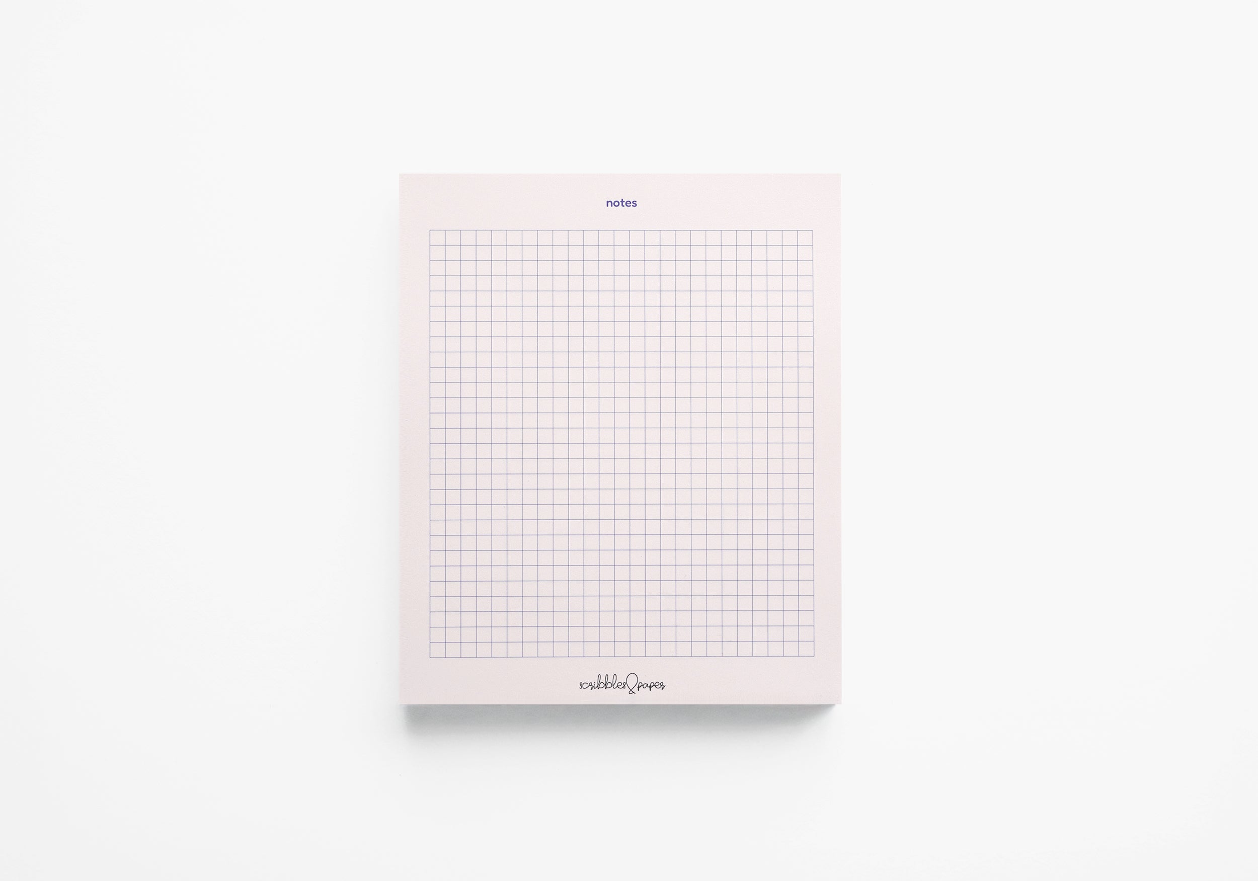 Modern pink notepad with graphic blue grid and notes heading – 100-page stationery. (front view)