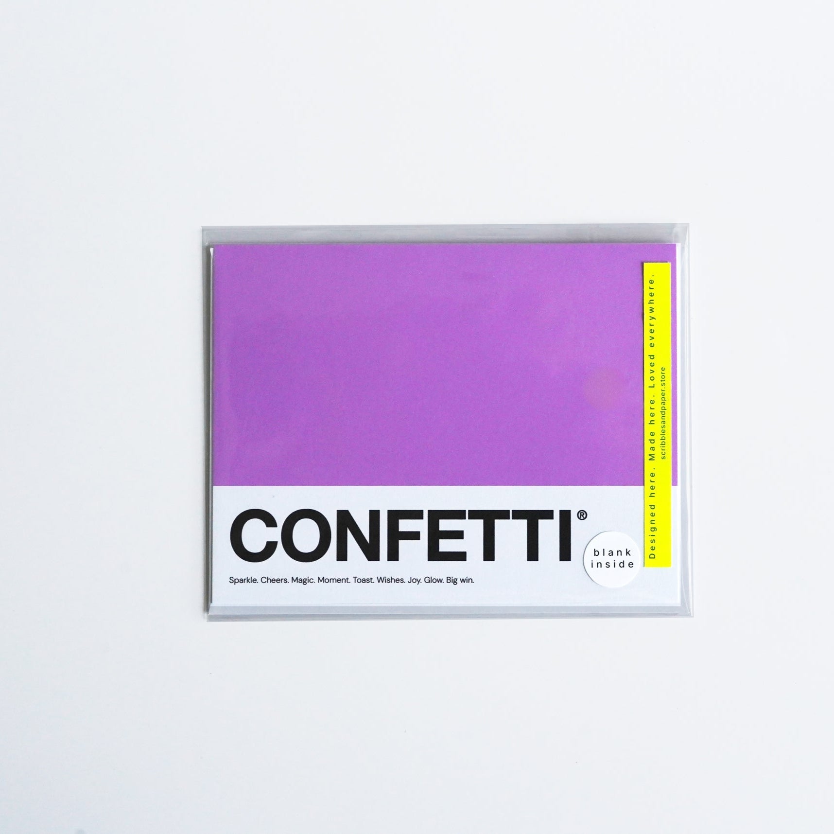 Pantone-inspired fuchsia and white greeting card with bold "CONFETTI" typography and celebratory words, handmade on premium paper with white envelope – perfect for birthdays, promotions, or joyful occasions. wrapped