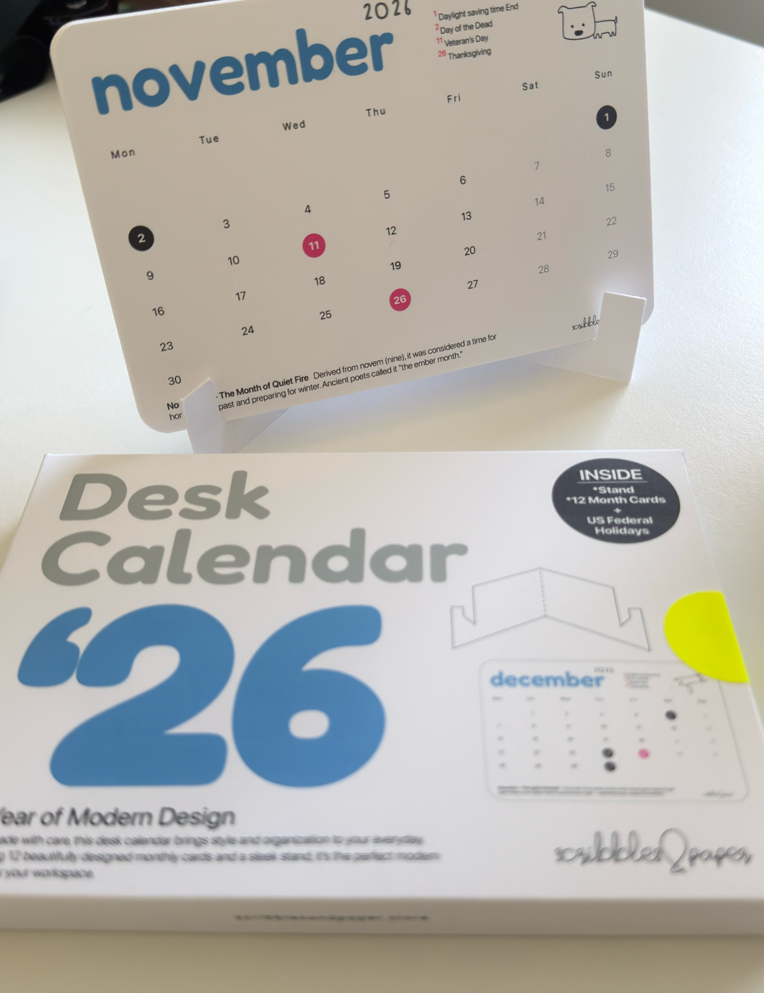 calendar on the stand and box