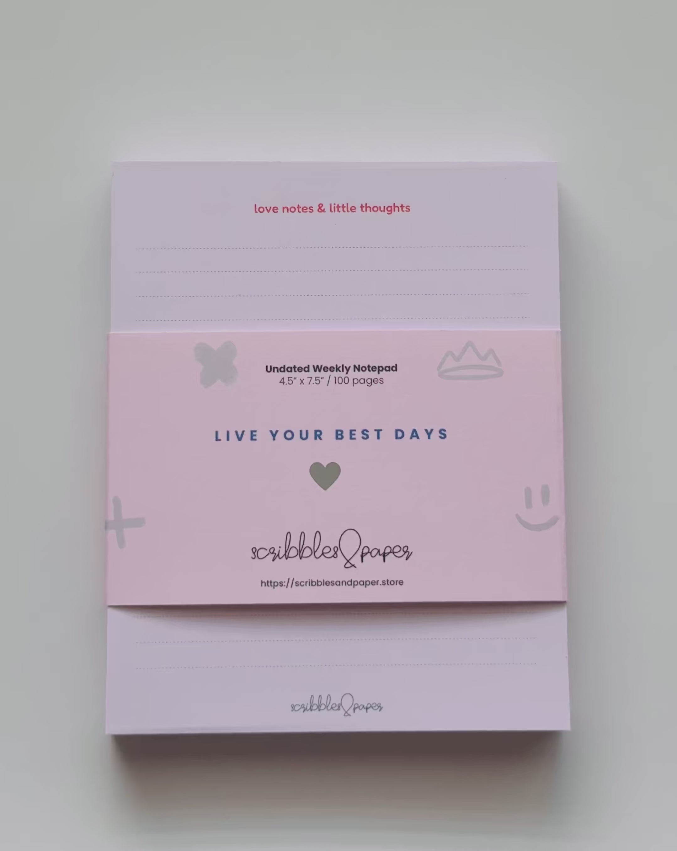 video of pink chunky notepad that says: love notes and little thoughts.